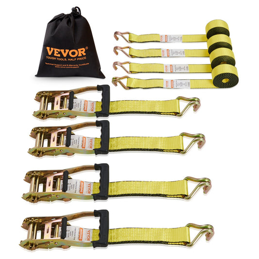 Ratchet Tie Down Straps (4PK), 5000 lb Breaking Strength, Double J-Hook Includes 4 Premium 2" x 15" Ratchet Tie Downs with Padded Handles, for Moving Load Securing, Appliances, Lawn Equipment