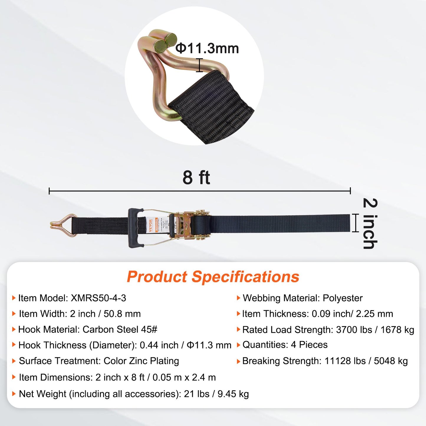 Ratchet Tie Down Straps (4PK), 11128 lb Breaking Strength, Double J-Hook Includes 4 Premium 2" x 8" Ratchet Tie Downs with Padded Handles, for Moving Load Securing, Appliances, Lawns