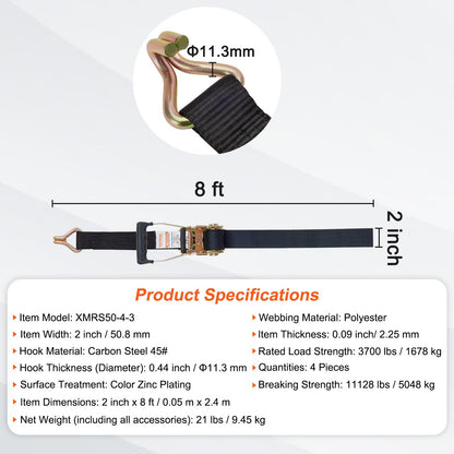 Ratchet Tie Down Straps (4PK), 11128 lb Breaking Strength, Double J-Hook Includes 4 Premium 2" x 8" Ratchet Tie Downs with Padded Handles, for Moving Load Securing, Appliances, Lawns