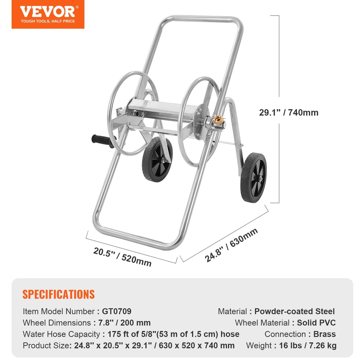 Hose Reel Cart, Holds Up to 175 Feet of 5/8'' Hose (Hose Not Included), Garden Water Hose Carts Mobile Tools with Wheels, Heavy Duty Powder Coated Steel Outdoor Planter for Garden, Yard, Lawn