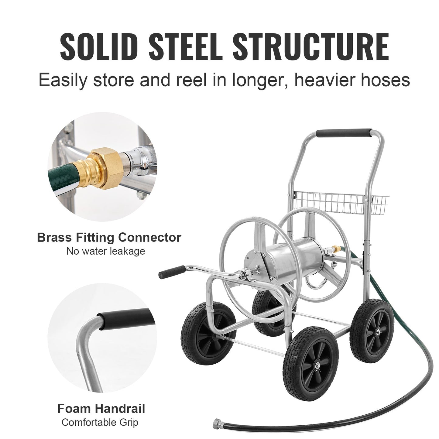 Hose Reel Cart, Holds Up to 300 Feet of 5/8'' Hose, Garden Water Hose Carts Mobile Tools with 4 Wheels, Heavy Duty Powder Coated Steel Outdoor Planter with Storage Basket, for Garden, Yard, Lawn