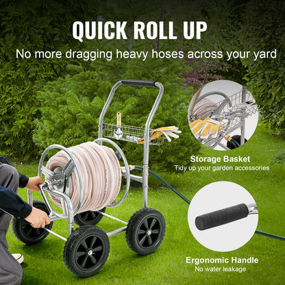 Hose Reel Cart, Holds Up to 300 Feet of 5/8'' Hose, Garden Water Hose Carts Mobile Tools with 4 Wheels, Heavy Duty Powder Coated Steel Outdoor Planter with Storage Basket, for Garden, Yard, Lawn