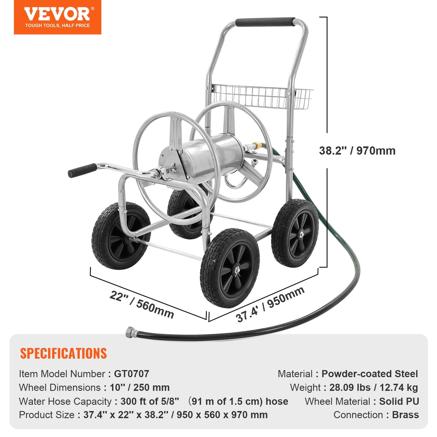 Hose Reel Cart, Holds Up to 300 Feet of 5/8'' Hose, Garden Water Hose Carts Mobile Tools with 4 Wheels, Heavy Duty Powder Coated Steel Outdoor Planter with Storage Basket, for Garden, Yard, Lawn