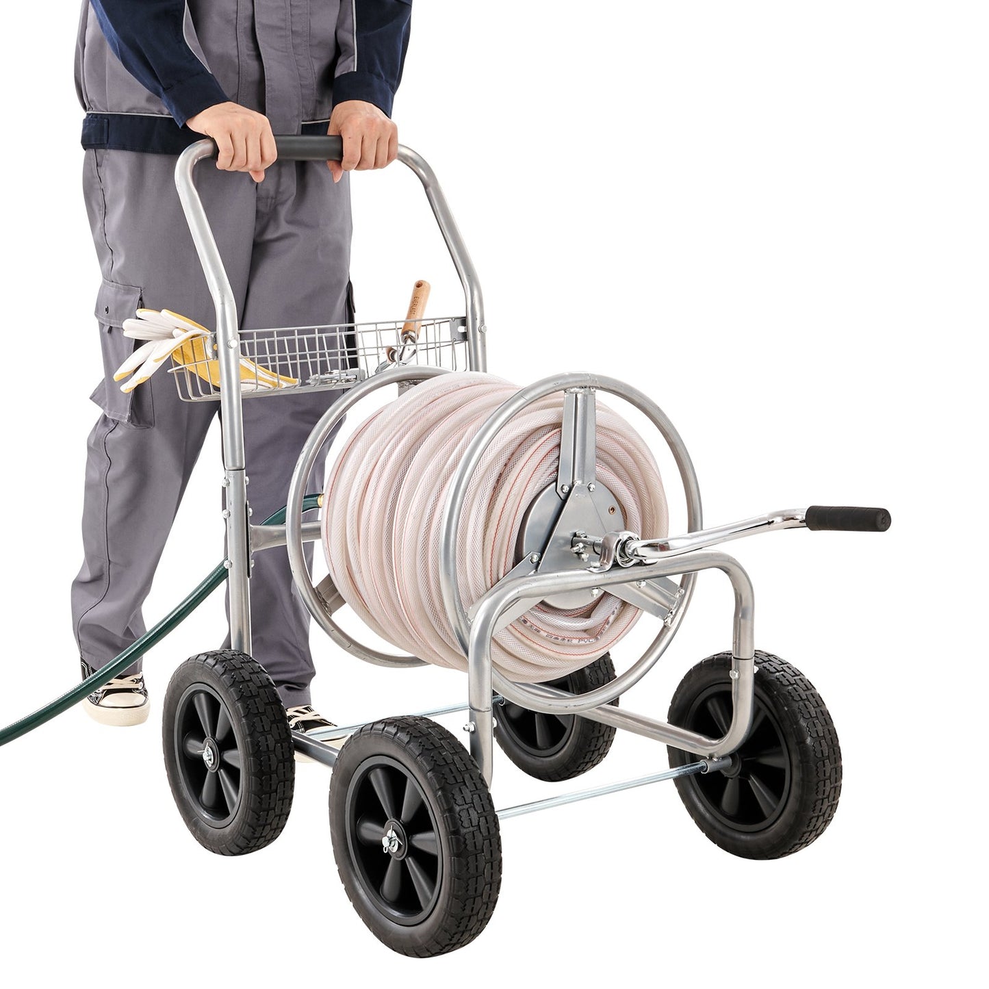 Hose Reel Cart, Holds Up to 300 Feet of 5/8'' Hose, Garden Water Hose Carts Mobile Tools with 4 Wheels, Heavy Duty Powder Coated Steel Outdoor Planter with Storage Basket, for Garden, Yard, Lawn