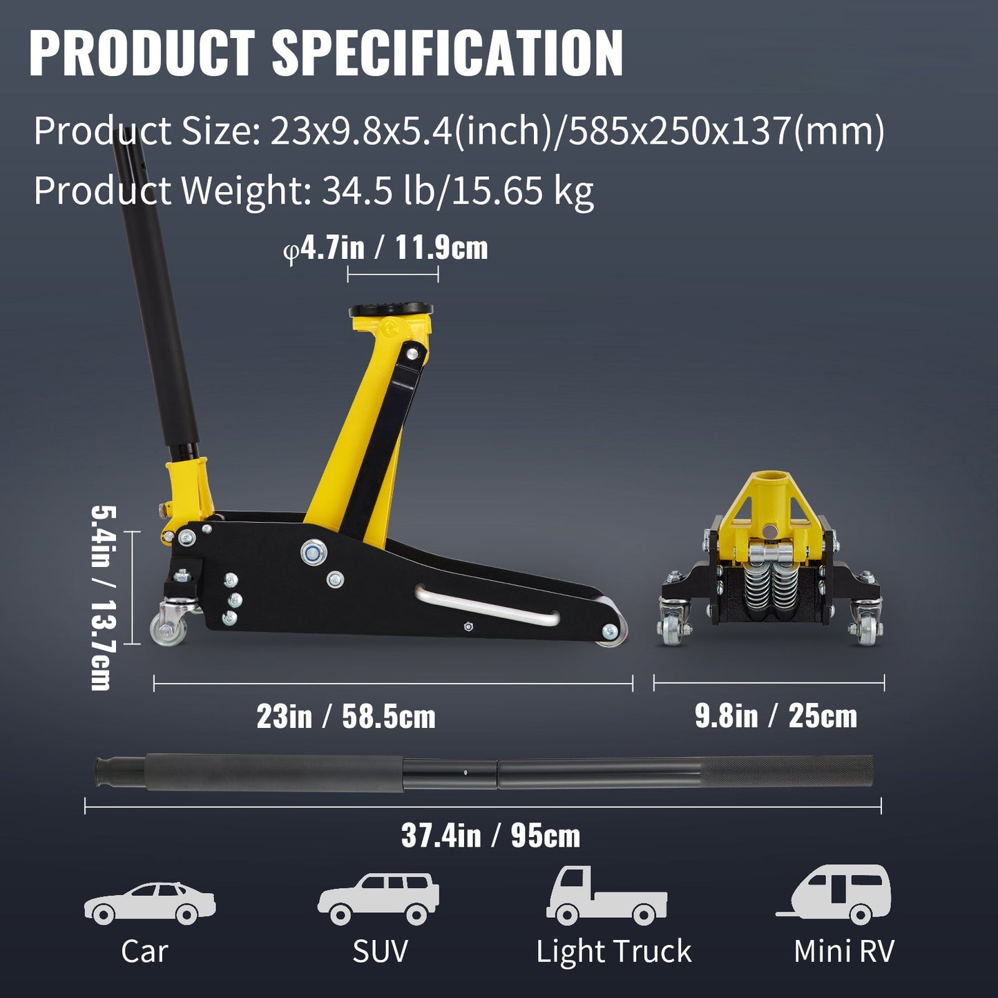 Floor jack, 1.5 ton low profile floor jack, aluminum and steel racing floor jack with dual piston quick lift pump, floor jack lifting range 80 mm-365 mm