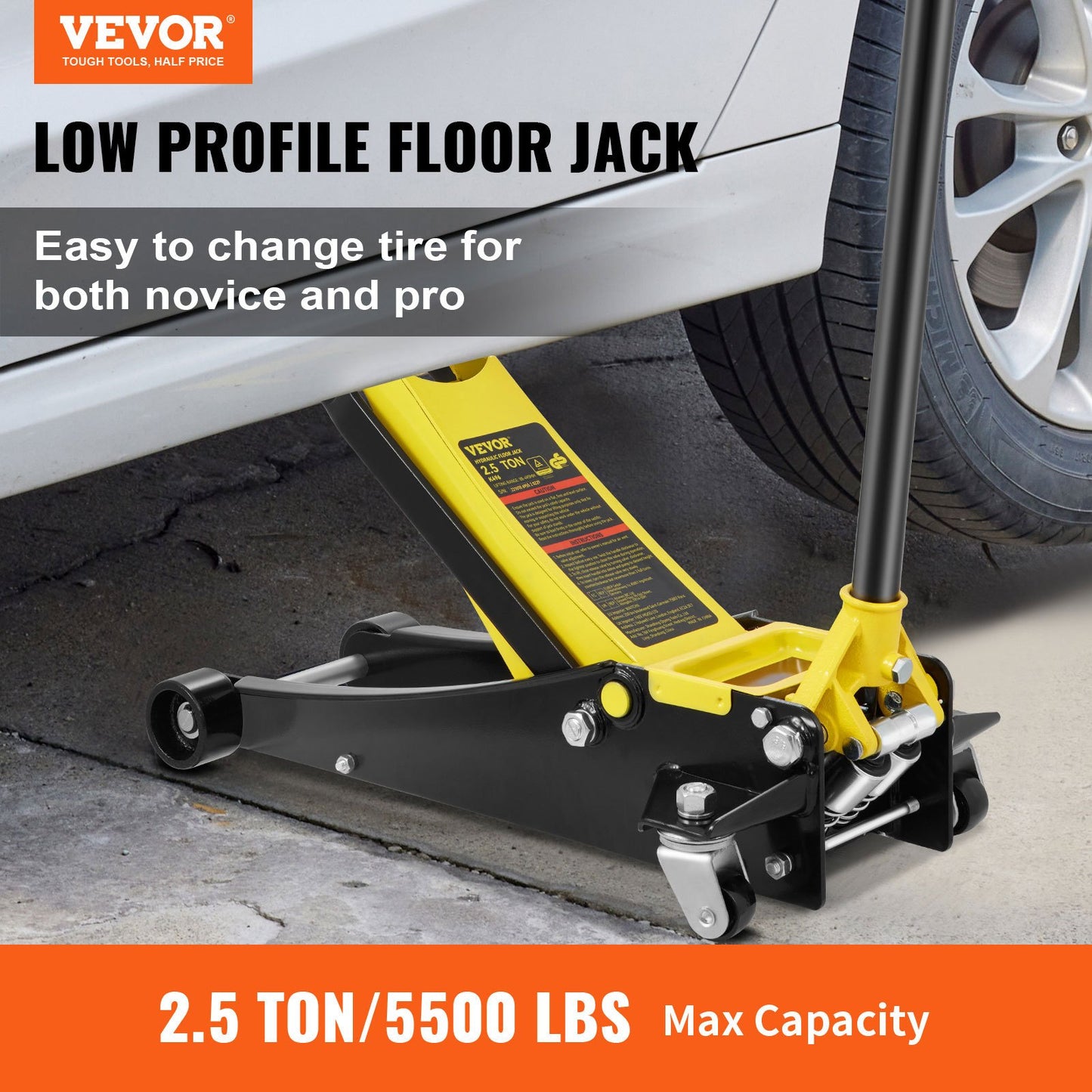 Low profile floor jack 2.5 ton Heavy Duty steel double piston quick pump