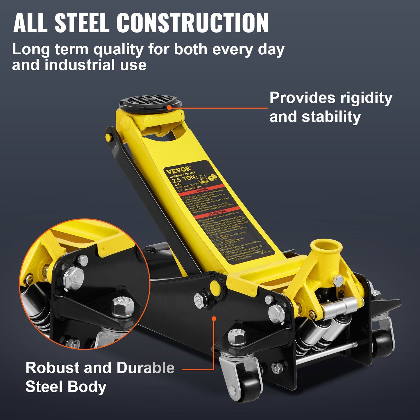 Low profile floor jack 2.5 ton Heavy Duty steel double piston quick pump