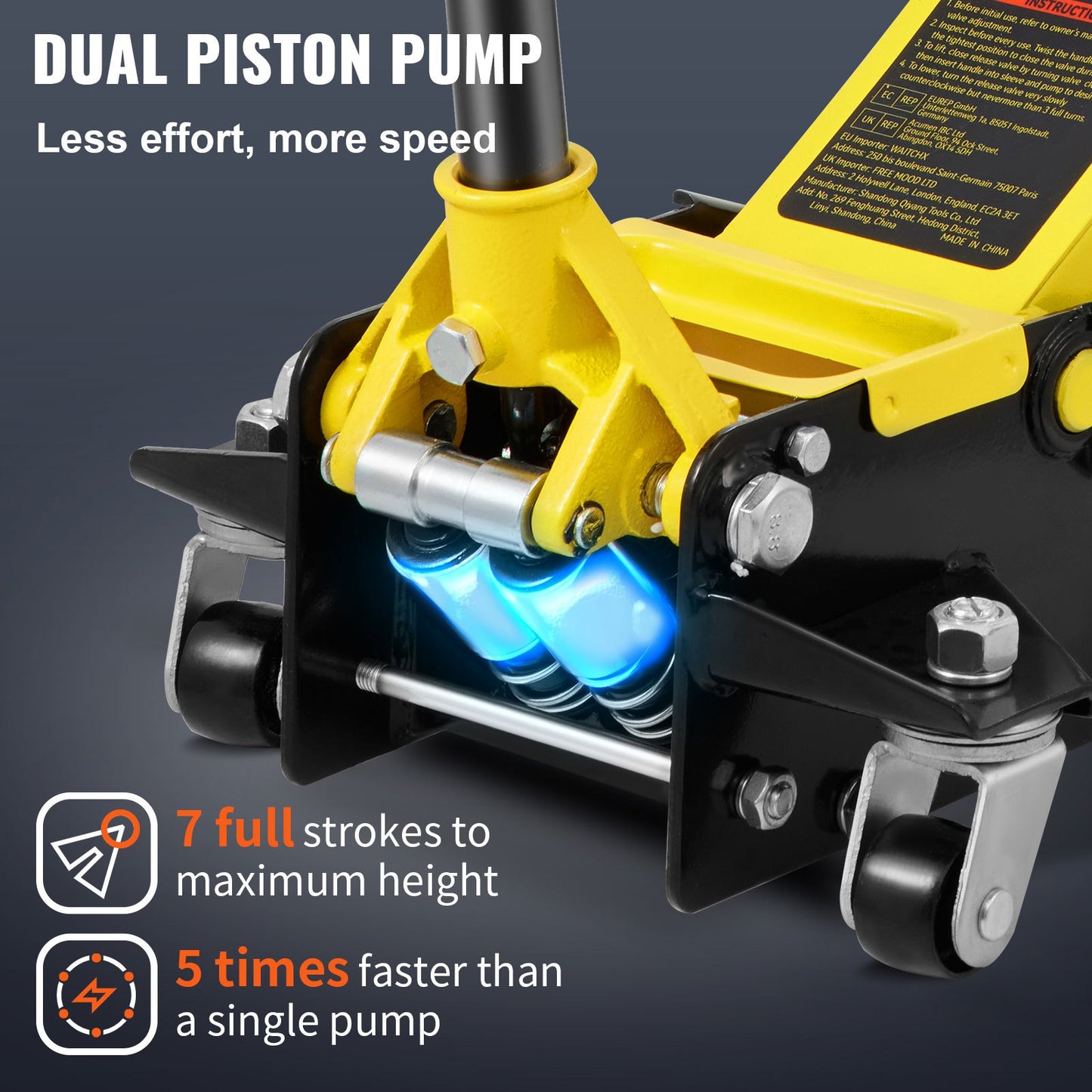 Low profile floor jack 2.5 ton Heavy Duty steel double piston quick pump