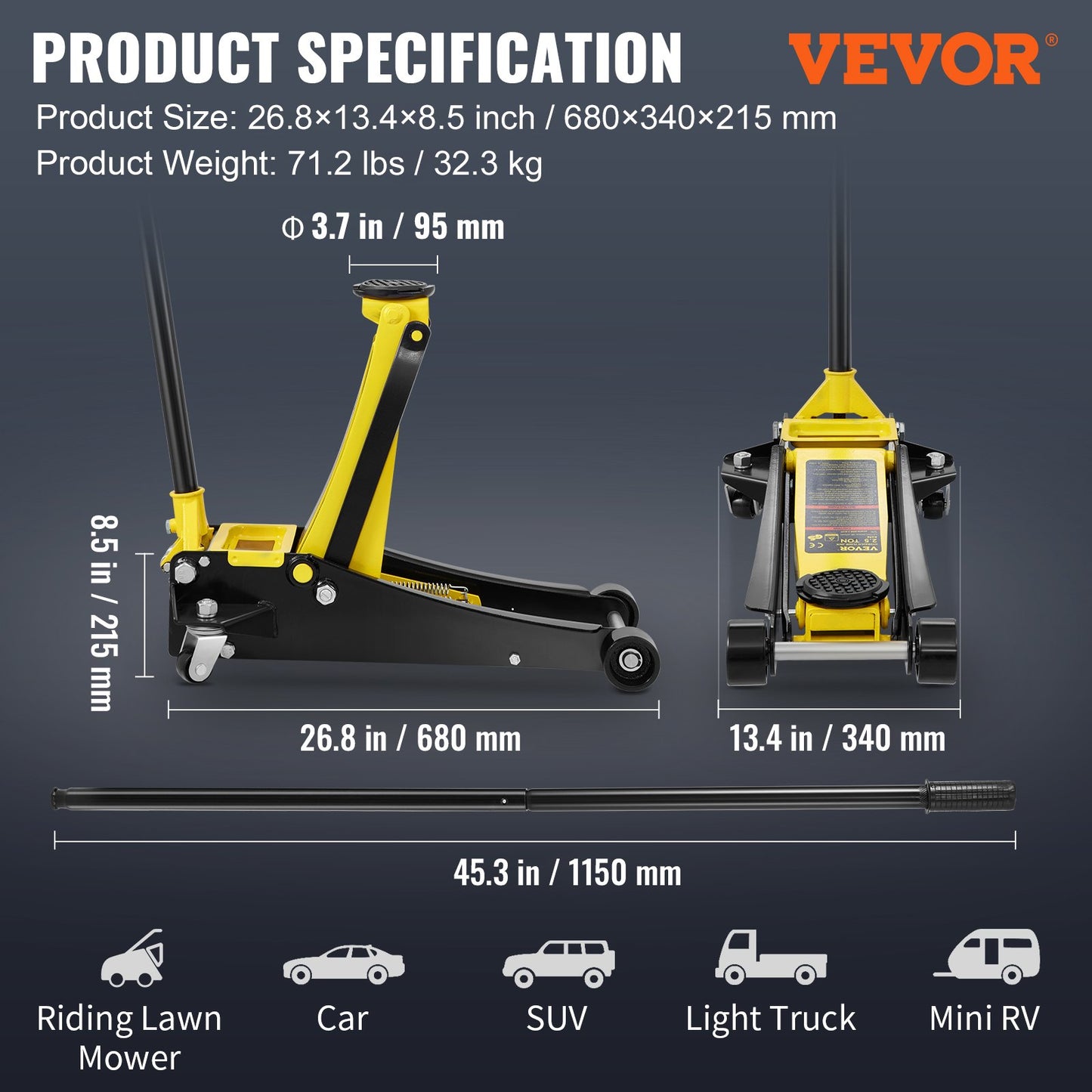 Low profile floor jack 2.5 ton Heavy Duty steel double piston quick pump