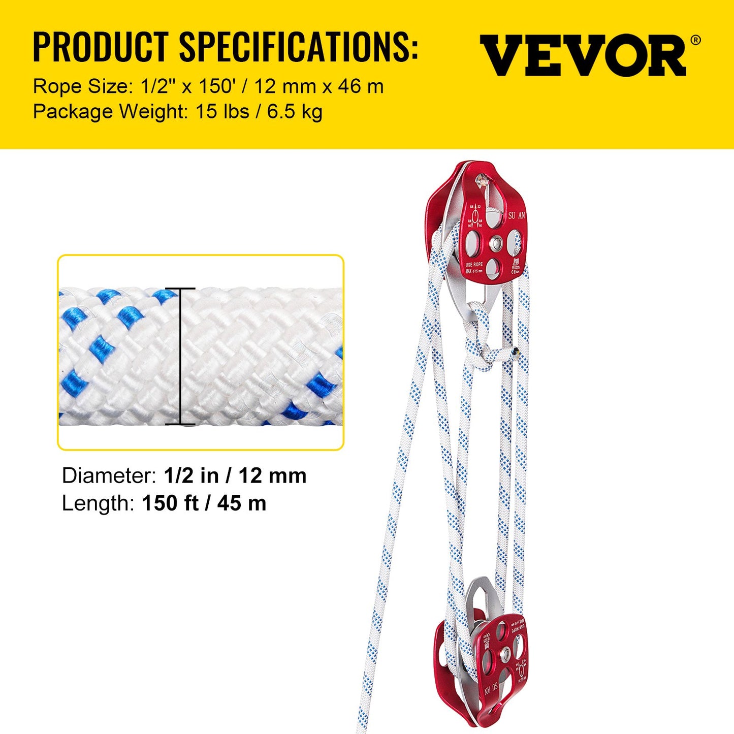 Twin Sheave Block and Tackle 2/5-1/2 Inch 100-200 Ft Twin Sheave Block with Braid Rope 6600-7705LBS Double Pulley Rig