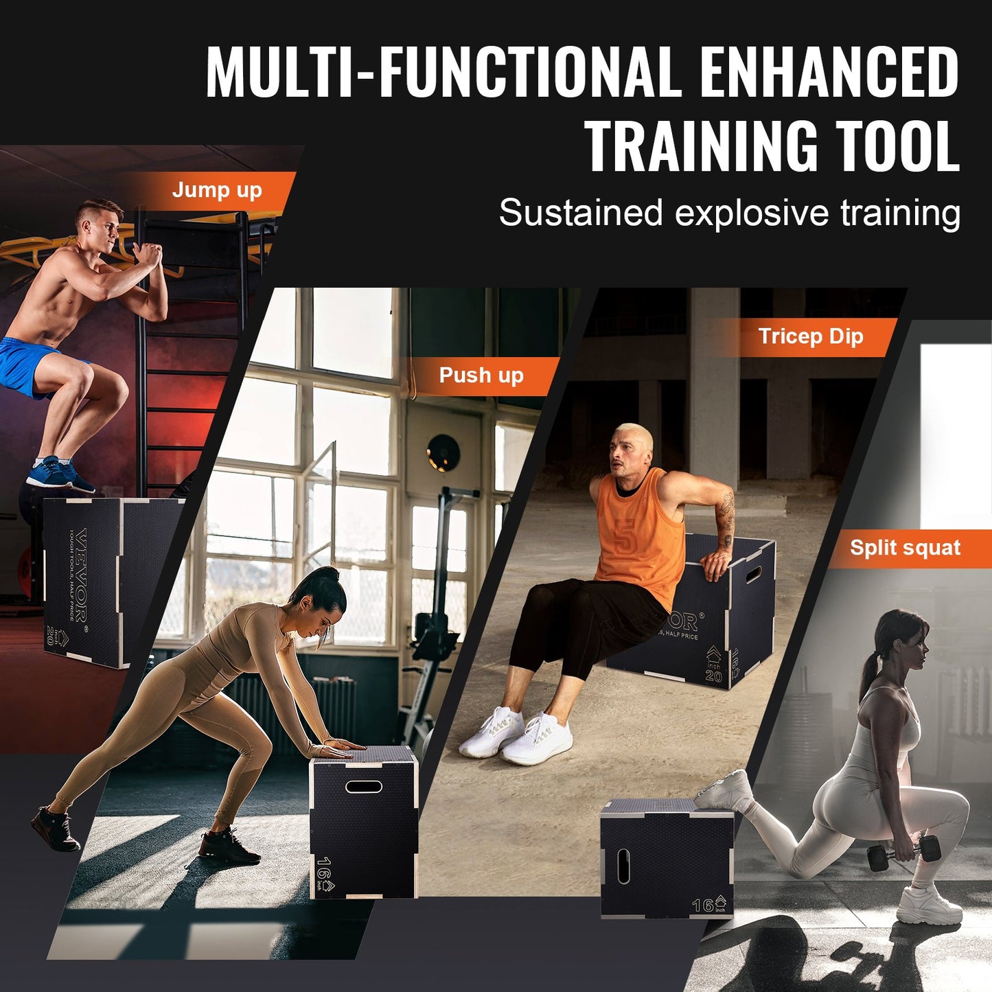 3 in 1 Plyometric Jump Box, 24/20/16 inch Plyo Box, Platform &amp; Jumping Agility Box, Anti-Slip Fitness Exercise Step Up Box for Home Gym Workout, Cardio Strength Training, Black