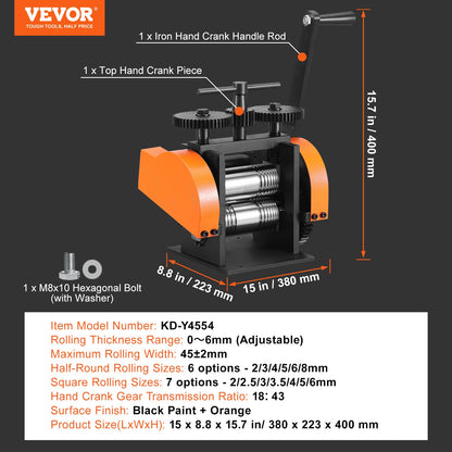 Valsverk, 1,77"/45 mm smyckesvalsmaskin, 1: 2,4 utväxlingsförhållande, 3-i-1 multifunktionsvalsverk, 0-6 mm presstjocklek för tillverkning av metallsmycken Plåt fyrkantig tråd halvcirkel