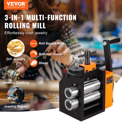 Rolling mill, 2.95"/75mm jewelry rolling mill machine, 1:2 gear ratio, 3-in-1 multi-function rolling mill, 0.03-6.5mm press thickness for metal jewelry making Sheet metal square wire semicircle