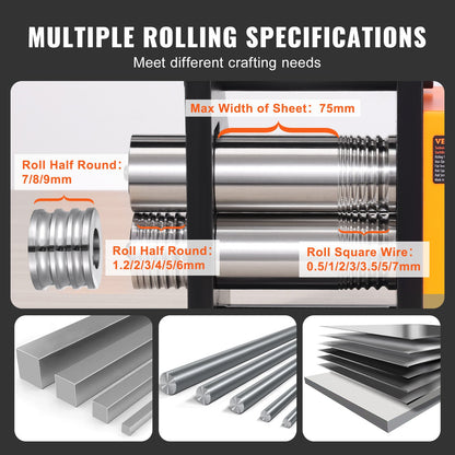 Rolling mill, 2.95"/75mm jewelry rolling mill machine, 1:2 gear ratio, 3-in-1 multi-function rolling mill, 0.03-6.5mm press thickness for metal jewelry making Sheet metal square wire semicircle