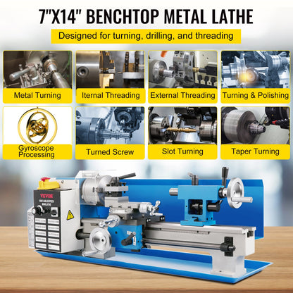 Mini Metal Lathe, 7"x14" Bench Metal Lathe, 550W Variable Speed 2250 RPM Metal Lathe, with 3-Jaw Chuck CNC Mini Lathe Machine, Precision Mini Lathe with Toolbox Digital Display for Metal Turning