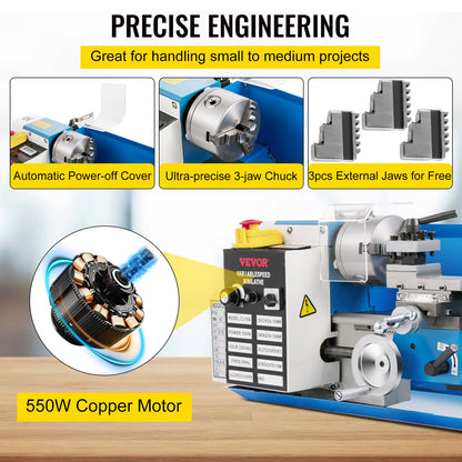 Mini Metal Lathe, 7"x14" Bench Metal Lathe, 550W Variable Speed 2250 RPM Metal Lathe, with 3-Jaw Chuck CNC Mini Lathe Machine, Precision Mini Lathe with Toolbox Digital Display for Metal Turning