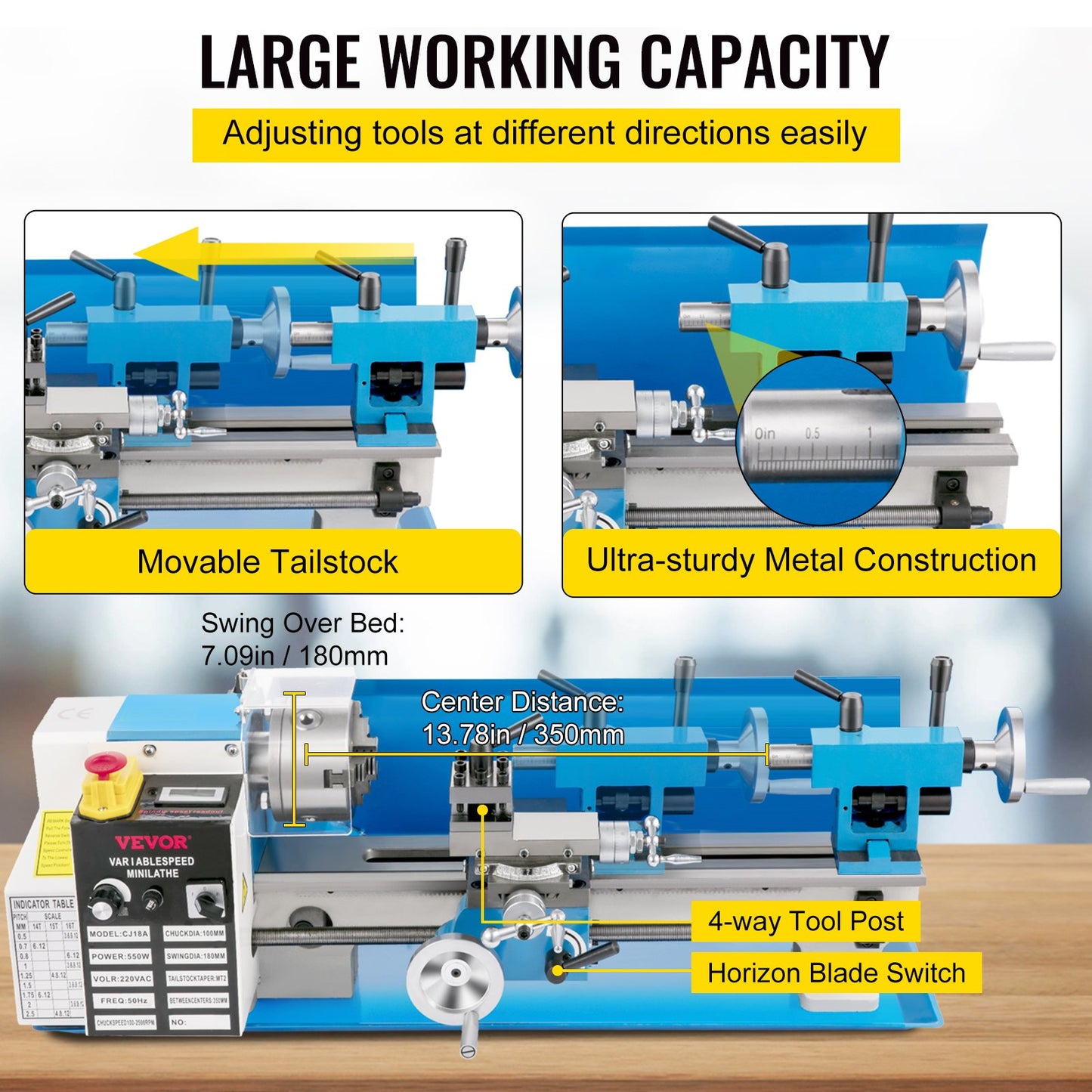 Mini Metal Lathe, 7"x14" Bench Metal Lathe, 550W Variable Speed 2250 RPM Metal Lathe, with 3-Jaw Chuck CNC Mini Lathe Machine, Precision Mini Lathe with Toolbox Digital Display for Metal Turning