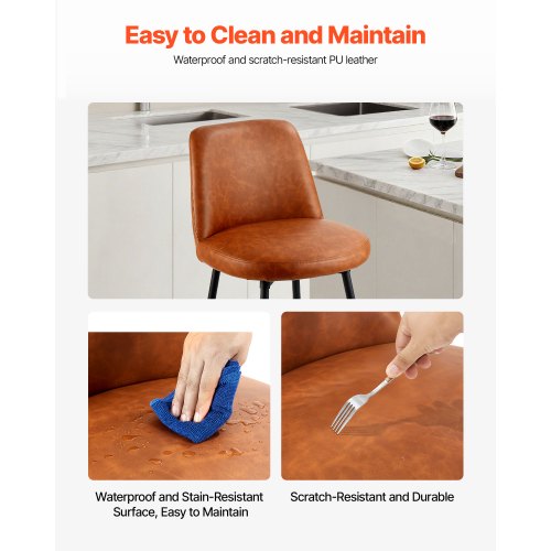 Barstolsset med 2, 69 cm höga snurrstolar, modern barstol i PU-läder med ryggstöd och metallben, armstödslös barstol, barstol med köksö och matsal, brun |  EU