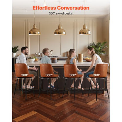 Barstolsset med 3, 69 cm bänkhöjd, snurrstolar, modern barstol i PU-läder med ryggstöd och metallben, armstödslös barstol, barstol med köksö och matsal, brun |  EU