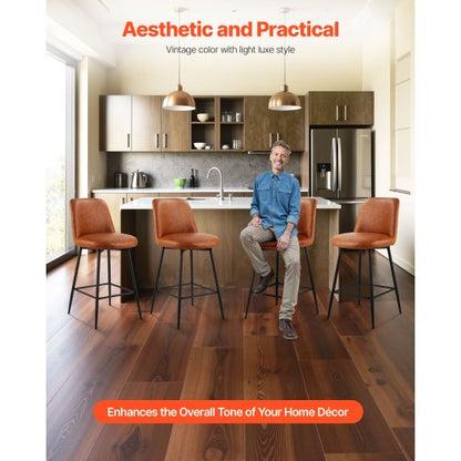 Barstolsset med 3, 69 cm bänkhöjd, snurrstolar, modern barstol i PU-läder med ryggstöd och metallben, armstödslös barstol, barstol med köksö och matsal, brun |  EU