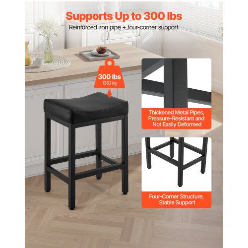 Barstolsset med 2, PU-läder, barstolar med bänkhöjd, 62 cm barstol med sadelsits och metallben, enkel montering, rygglös barstol, barö för kök, matsal, café, svart |  EU