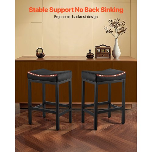 Barstolsset med 2, PU-läder, barstolar med bänkhöjd, 62 cm barstol med sadelsits och metallben, enkel montering, rygglös barstol, barö för kök, matsal, café, svart |  EU
