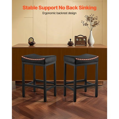 Barstolsset med 2, PU-läder, barstolar med bänkhöjd, 62 cm barstol med sadelsits och metallben, enkel montering, rygglös barstol, barö för kök, matsal, café, svart |  EU