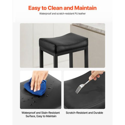 Barstolsset med 2, PU-läder, barstolar med bänkhöjd, 62 cm barstol med sadelsits och metallben, enkel montering, rygglös barstol, barö för kök, matsal, café, svart |  EU