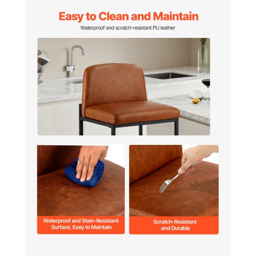 Barstolsset med 4, 68 cm barstolar, modern barstol i PU-läder med ryggstöd, metallben, enkel montering, armstödslös barstol, barstol med köksö, matsal, brun |  EU