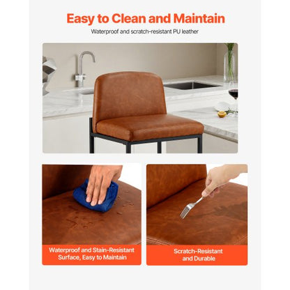 Barstolsset med 4, 68 cm barstolar, modern barstol i PU-läder med ryggstöd, metallben, enkel montering, armstödslös barstol, barstol med köksö, matsal, brun |  EU
