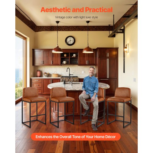 Barstolsset med 4, 68 cm barstolar, modern barstol i PU-läder med ryggstöd, metallben, enkel montering, armstödslös barstol, barstol med köksö, matsal, brun |  EU