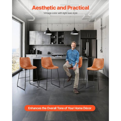 Barstolsset med 4, 65 cm barstolar, modern barstol i PU-läder med ryggstöd, metallben, enkel montering, armstödslös barstol, barstol med köksö, matsal, brun |  EU