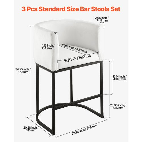 Barstolsset med 3, 63 cm barstolar, barstol med ryggstöd, armstöd, metallram och fotstöd, barstol i tyg, barstolar med köksö, matsal, vit |  EU