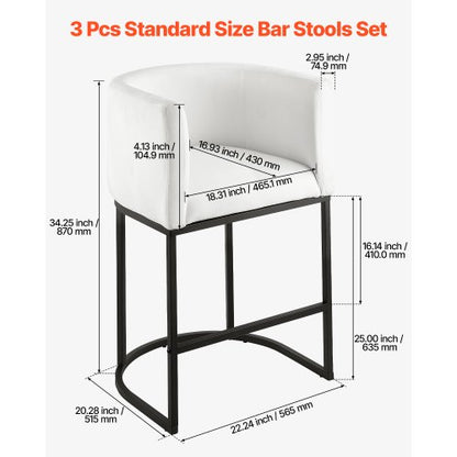 Barstolsset med 3, 63 cm barstolar, barstol med ryggstöd, armstöd, metallram och fotstöd, barstol i tyg, barstolar med köksö, matsal, vit |  EU