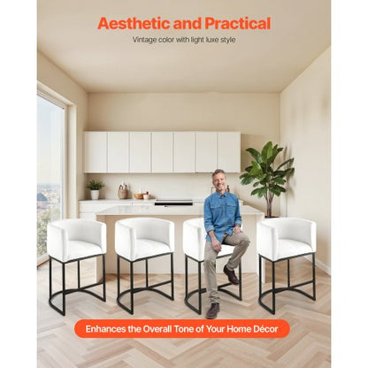 Barstolsset med 3, 63 cm barstolar, barstol med ryggstöd, armstöd, metallram och fotstöd, barstol i tyg, barstolar med köksö, matsal, vit |  EU