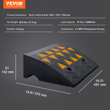 Rubber Edge Ramp 2-Pack, 6" Rise Height Heavy-Duty 33069 lbs/15 T Capacity Threshold Ramps, Driveway Ramps with Stable Grid Structure for Cars, Wheelchairs, Bicycles, Motorcycles