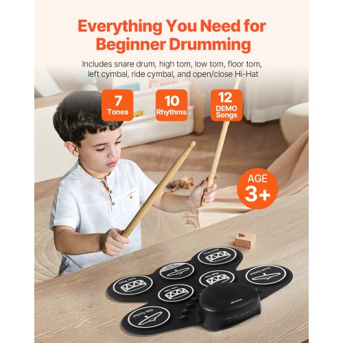 E-Drum Set 7-Pads Kinderschlagzeug mit Kopfhöreranschluss Pedale Lautsprecher