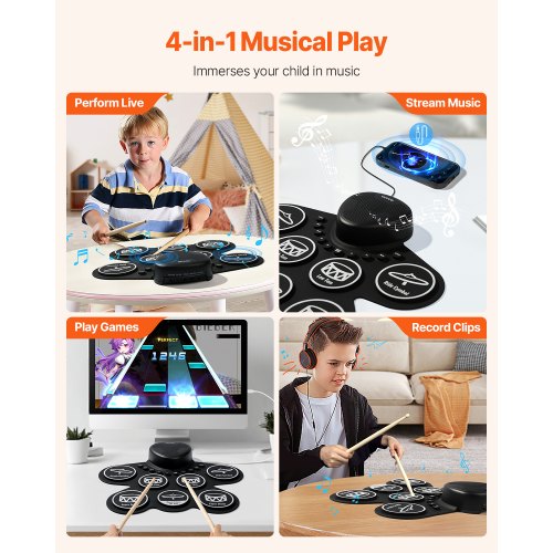 E-Drum Set 7-Pads Kinderschlagzeug mit Kopfhöreranschluss Pedale Lautsprecher