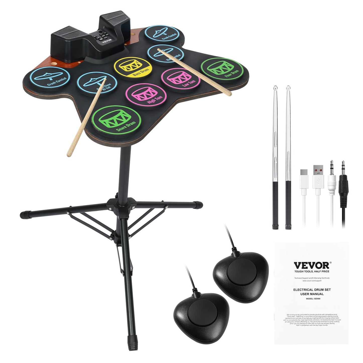 Electric Drum Set 9-Pads with Stand Dual Speakers Light Up Sticks for Kids