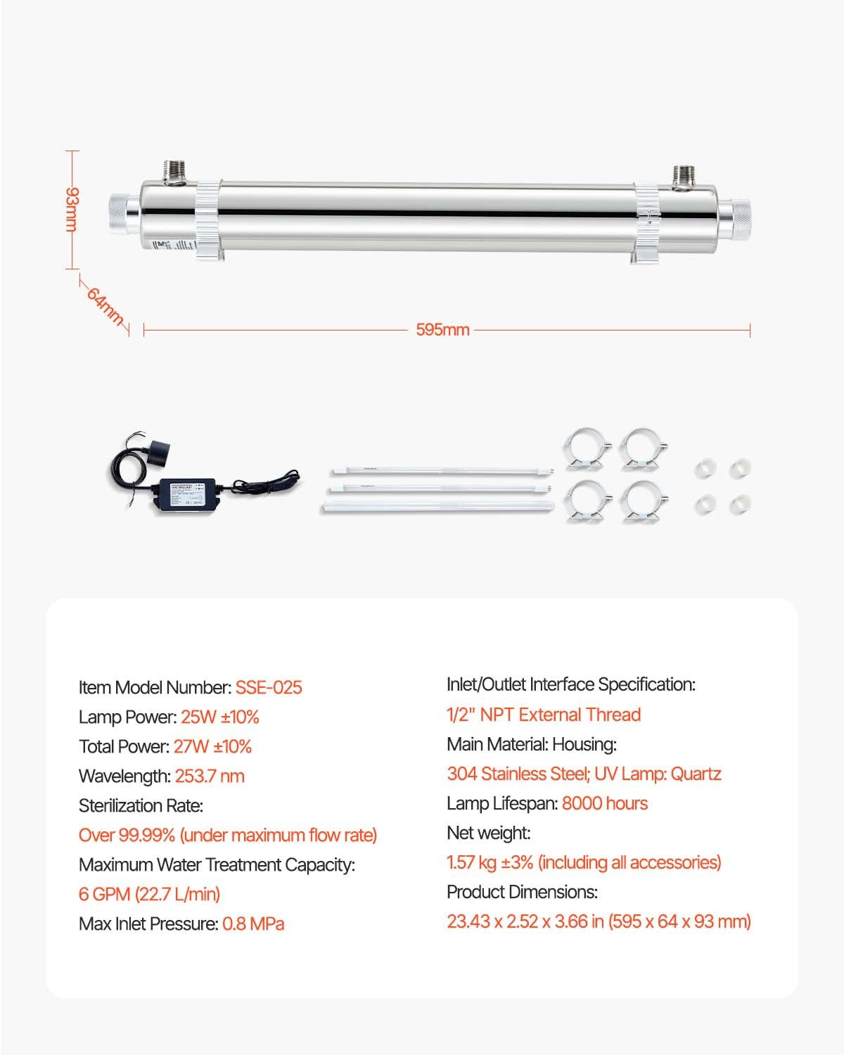 220V 25W UV vattenrenare 6GPM Ultraviolett vattenrenare filter