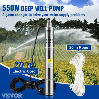 Dränkbar pump med djup brunn, 550W 230V/50Hz, 35L/min 108 m Huvud Sandbeständig <5%, 20 m elkabel, 7,6 cm vattenpumpar i rostfritt stål för industri, bevattning och hemmabruk, IP68 vattentät