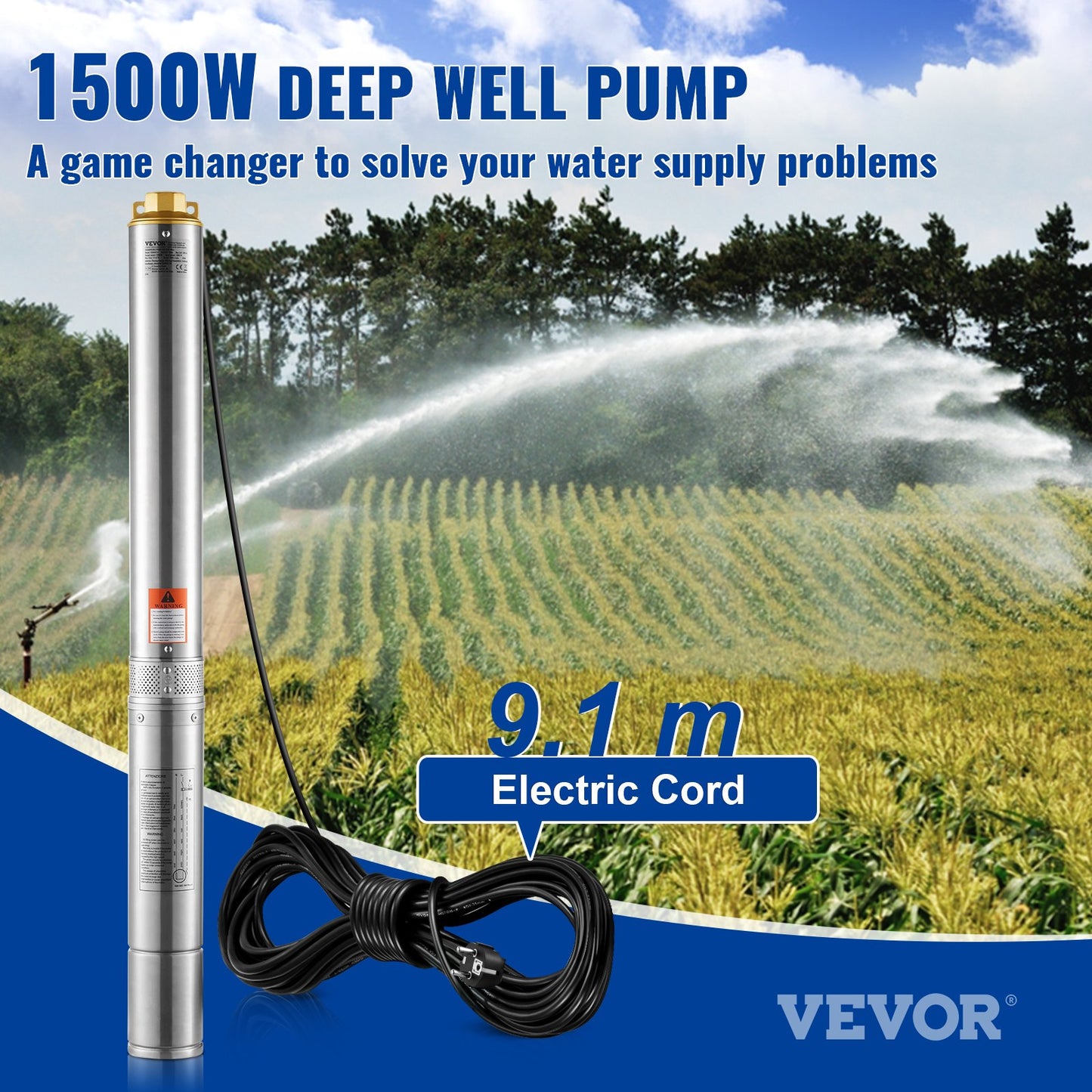 Dränkbar pump med djup brunn i rostfritt stål Vattenpump 1500W 9,8 m³/h 108 m