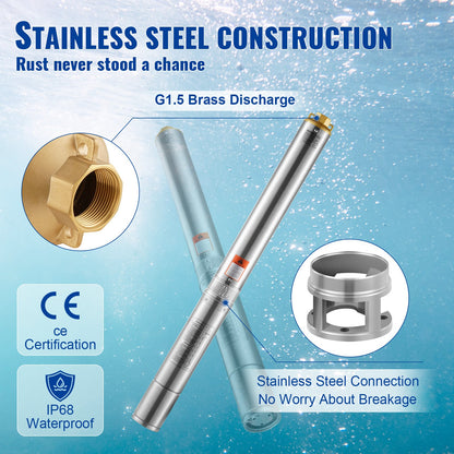 Dränkbar pump med djup brunn i rostfritt stål Vattenpump 1500W 9,8 m³/h 108 m