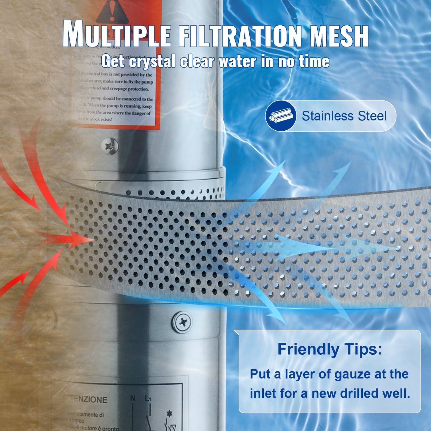 Dränkbar pump med djup brunn i rostfritt stål Vattenpump 1500W 9,8 m³/h 108 m