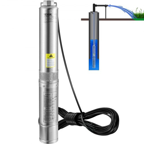 Deep Well Submersible Pump, 1.5HP 230V/60Hz, 37gpm 276ft Head, with 33ft Electric Cord, 4" Stainless Steel Water Pumps for Industrial, Irrigation and Home Use, IP68 Waterproof Grade