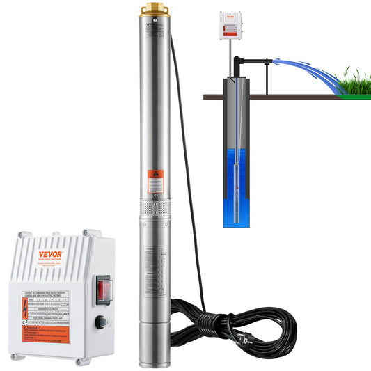 Tauchpumpe für Tiefbrunnen, 1500 W, Leistung 9,8 m³/h, max. Fördermenge 108 m, max. Förderhöhe, Edelstahl-Wasserpumpe, IP68, wasserdicht, mit externem Steuerkasten, für die Verwendung in der Industrie, auf landwirtschaftlichen Flächen oder im Haushalt