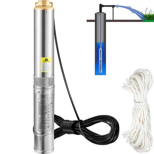 Dränkbar pump med djup brunn, 750W 230V/50Hz, 100L/min 66 m Huvud Sandbeständig <5%, 20 m elkabel, 7,6 cm vattenpumpar i rostfritt stål för industri, bevattning och hemmabruk, IP68 vattentät