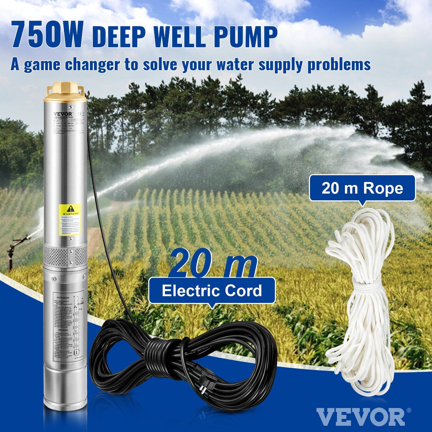 Dränkbar pump med djup brunn, 750W 230V/50Hz, 105L/min 62 m Huvud Sandbeständig <5%, 20 m elkabel, 8,9 cm vattenpumpar i rostfritt stål för industri, bevattning och hemmabruk, IP68 vattentät