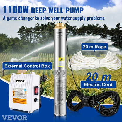 Dränkbar pump med djup brunn, 1100W 230V/50Hz, 190L/min 57 m huvud, med 20 m sladd & extern kontrollbox, 10,2 cm vattenpumpar i rostfritt stål för industri, bevattning och hemmabruk, IP68 vattentät