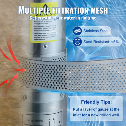 Dränkbar pump med djup brunn, 1100W 230V/50Hz, 190L/min 57 m huvud, med 20 m sladd & extern kontrollbox, 10,2 cm vattenpumpar i rostfritt stål för industri, bevattning och hemmabruk, IP68 vattentät